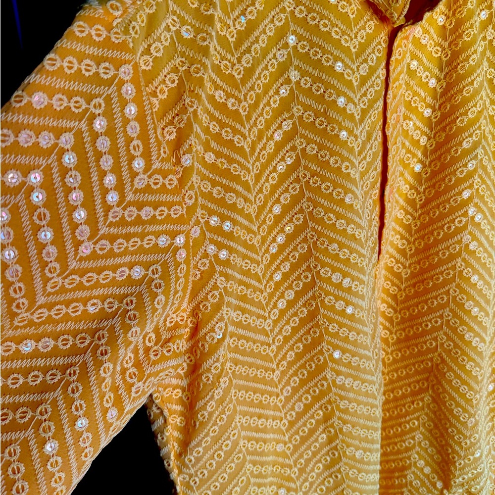 Vibrant Yellow Embroidered Handmade Luxury Kurta - Size 42 - Picture 12 of 15
